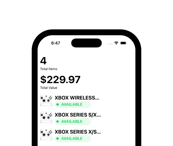 Asset management app screenshots showing Xbox controllers and total value